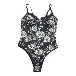 New Metallic Floral Print Mesh Back One Piece Bodysuit Size Large Black Silver L